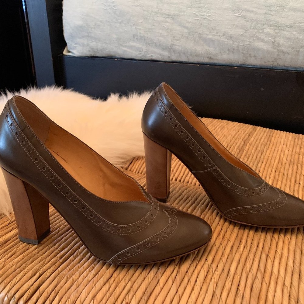 Bettye Muller wooden block heel spectator pump in brown leather